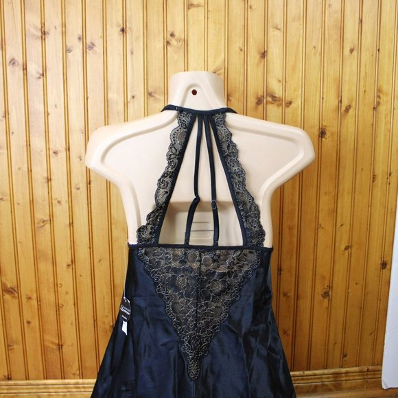 La Vie en Rose Black Satin Nightie Lace Metallic Gold Small New with Tags SW15 - Picture 8 of 10